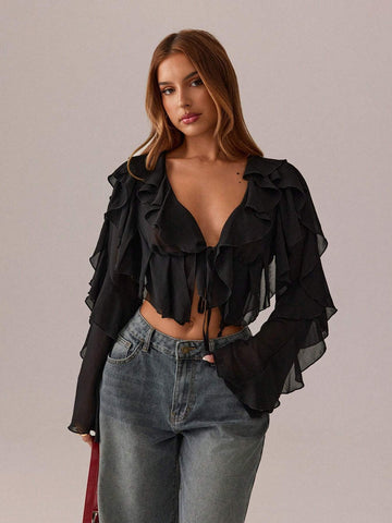 SXY Holiday Costume Party Gathering Black Mesh See-Through Lotus Leaf Strap Deep V Neck Women Sexy Long Sleeve Shirt SXY Holiday Costume Party Gathering Black Mesh See-Through Lotus Leaf Strap Deep V Neck Women Sexy Long Sleeve Shirt