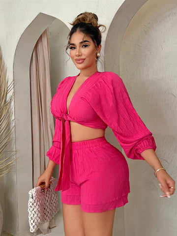Lace-Up Detail Lantern Sleeve Top And Double Layer Shorts Set Lace-Up Detail Lantern Sleeve Top And Double Layer Shorts Set