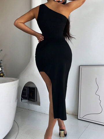 SXY Ladies' Solid Color One Shoulder Split Hem Hollow Out Dress SXY Ladies' Solid Color One Shoulder Split Hem Hollow Out Dress