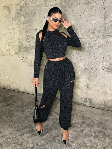 SXY Ladies' Two-Tone Knitted Drawstring Joggers With Distressed Details Birthday Outfit Spring Women Clo SXY Ladies' Two-Tone Knitted Drawstring Joggers With Distressed Details Birthday Outfit Spring Women Clo
