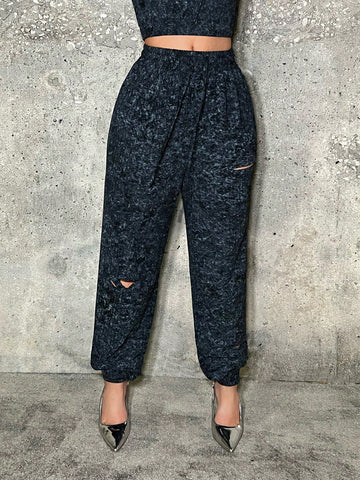 SXY Ladies' Two-Tone Knitted Drawstring Joggers With Distressed Details Birthday Outfit Spring Women Clo SXY Ladies' Two-Tone Knitted Drawstring Joggers With Distressed Details Birthday Outfit Spring Women Clo