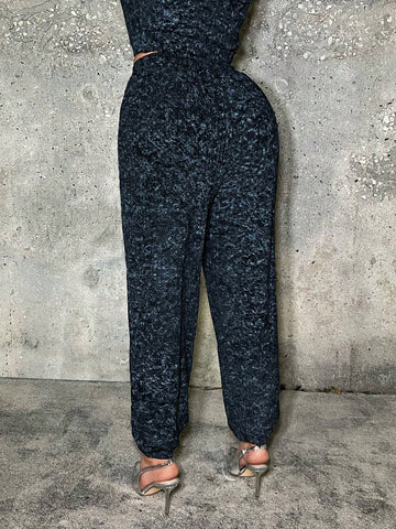 SXY Ladies' Two-Tone Knitted Drawstring Joggers With Distressed Details Birthday Outfit Spring Women Clo SXY Ladies' Two-Tone Knitted Drawstring Joggers With Distressed Details Birthday Outfit Spring Women Clo
