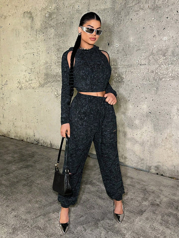 SXY Ladies' Two-Tone Knitted Drawstring Joggers With Distressed Details Birthday Outfit Spring Women Clo SXY Ladies' Two-Tone Knitted Drawstring Joggers With Distressed Details Birthday Outfit Spring Women Clo