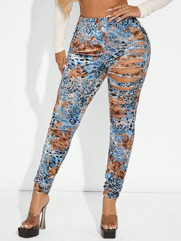SXY Leopard Print Laddering Cut Out Leggings SXY Leopard Print Laddering Cut Out Leggings