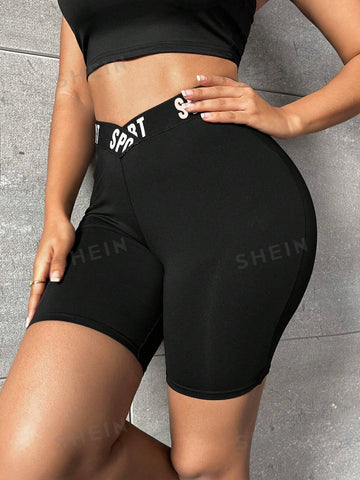 SXY Letter Graphic Stepped Waist Biker Shorts SXY Letter Graphic Stepped Waist Biker Shorts
