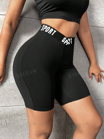 SXY Letter Graphic Stepped Waist Biker Shorts SXY Letter Graphic Stepped Waist Biker Shorts