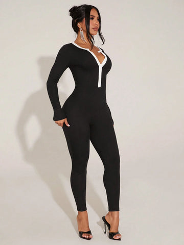 Minimalist Sexy Black & White Splicing Tight Jumpsuit, Leisure And Home Wear Minimalist Sexy Black & White Splicing Tight Jumpsuit, Leisure And Home Wear