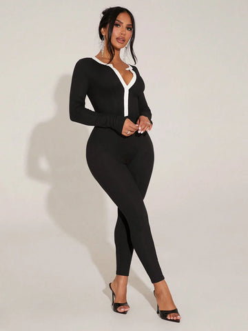 Minimalist Sexy Black & White Splicing Tight Jumpsuit, Leisure And Home Wear Minimalist Sexy Black & White Splicing Tight Jumpsuit, Leisure And Home Wear