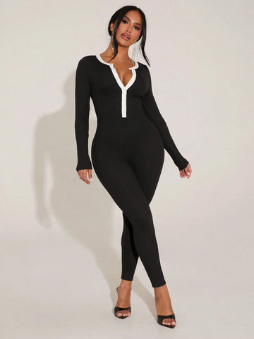 Minimalist Sexy Black & White Splicing Tight Jumpsuit, Leisure And Home Wear Minimalist Sexy Black & White Splicing Tight Jumpsuit, Leisure And Home Wear