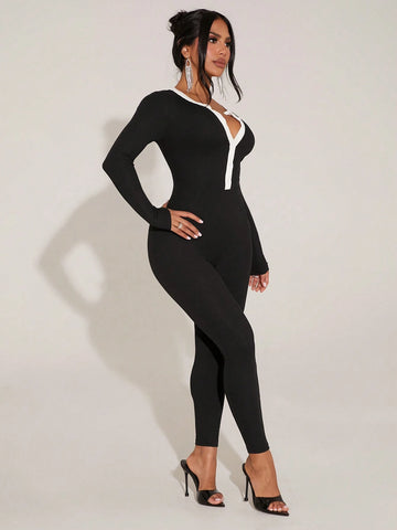 Minimalist Sexy Black & White Splicing Tight Jumpsuit, Leisure And Home Wear Minimalist Sexy Black & White Splicing Tight Jumpsuit, Leisure And Home Wear