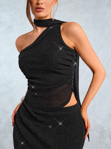 New Year's Party Elegant Casual Sexy Nightclub Valentine's Day Date Essential Black Glitter Mesh Asymmetrical Hanging Neck With Streamer Pleated Sleeveless Top And Ultra-Low Waist Fishtail Skirt Two-Piece Set New Year's Party Elegant Casual Sexy Nightclub Valentine's Day Date Essential Black Glitter Mesh Asymmetrical Hanging Neck With Streamer Pleated Sleeveless Top And Ultra-Low Waist Fishtail Skirt Two-Piece Set
