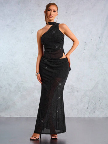 New Year's Party Elegant Casual Sexy Nightclub Valentine's Day Date Essential Black Glitter Mesh Asymmetrical Hanging Neck With Streamer Pleated Sleeveless Top And Ultra-Low Waist Fishtail Skirt Two-Piece Set New Year's Party Elegant Casual Sexy Nightclub Valentine's Day Date Essential Black Glitter Mesh Asymmetrical Hanging Neck With Streamer Pleated Sleeveless Top And Ultra-Low Waist Fishtail Skirt Two-Piece Set