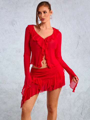 New Year's Party Elegant Casual Sexy Nightclub Valentine's Day Date Essential Red Festive Net Fabric High Stretch Flange Decoration Half Cardigan Long Sleeve Top And Ultra Low Waist Asymmetrical Short Skirt Two-Piece Set New Year's Party Elegant Casual Sexy Nightclub Valentine's Day Date Essential Red Festive Net Fabric High Stretch Flange Decoration Half Cardigan Long Sleeve Top And Ultra Low Waist Asymmetrical Short Skirt Two-Piece Set