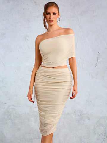 New Year's Party Elegant Casual Sexy Nightclub Valentine's Day Dating Must-Have Khaki High Stretch Mesh Pleated Off-The-Shoulder Asymmetrical Top And Over-The-Knee Skirt Two-Piece Set New Year's Party Elegant Casual Sexy Nightclub Valentine's Day Dating Must-Have Khaki High Stretch Mesh Pleated Off-The-Shoulder Asymmetrical Top And Over-The-Knee Skirt Two-Piece Set