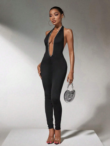 One Piece Clothing Deep V Neck Rhinestones Women Black Bodysuit One Piece Clothing Deep V Neck Rhinestones Women Black Bodysuit