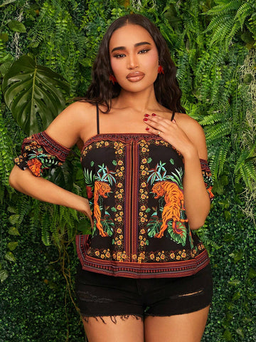 SXY Open Shoulder Printed A-Line Casual Top With Vacation Vibes SXY Open Shoulder Printed A-Line Casual Top With Vacation Vibes
