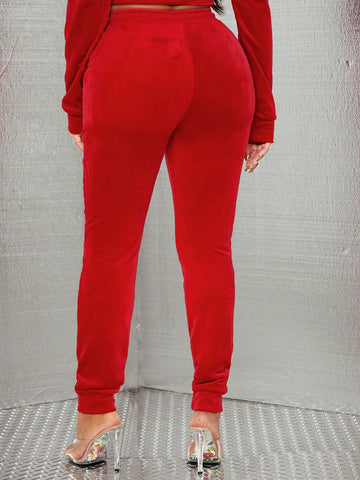 SXY Plush Casual Sport Pants, Red Women's Long Close-Fitting Sweatpants For Leisure And Home SXY Plush Casual Sport Pants, Red Women's Long Close-Fitting Sweatpants For Leisure And Home