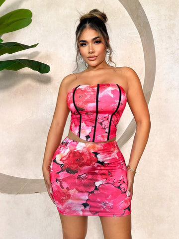 Sexy Flower Printed Bandeau Top And Bodycon Skirt Set For Beach Vacation In Summer Sexy Flower Printed Bandeau Top And Bodycon Skirt Set For Beach Vacation In Summer