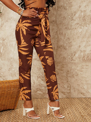 SXY Shell & Palm Tree Print Paperbag Waist Belted Pants SXY Shell & Palm Tree Print Paperbag Waist Belted Pants