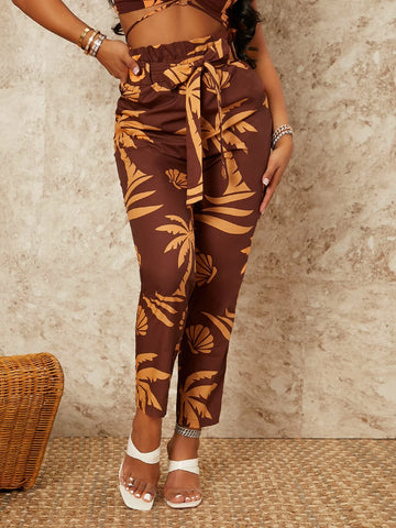 SXY Shell & Palm Tree Print Paperbag Waist Belted Pants SXY Shell & Palm Tree Print Paperbag Waist Belted Pants