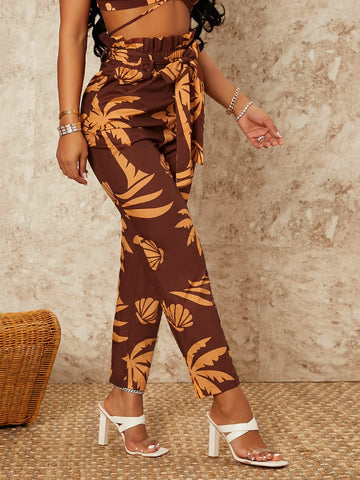 SXY Shell & Palm Tree Print Paperbag Waist Belted Pants SXY Shell & Palm Tree Print Paperbag Waist Belted Pants