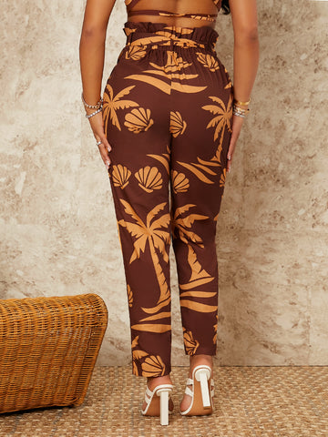 SXY Shell & Palm Tree Print Paperbag Waist Belted Pants SXY Shell & Palm Tree Print Paperbag Waist Belted Pants