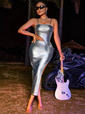 Solid Color Asymmetrical Hem Cami Top And Front Slit Skirt Set Solid Color Asymmetrical Hem Cami Top And Front Slit Skirt Set