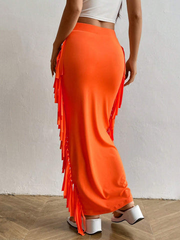 SXY Solid Color Fringe Decorated Summer Casual Tight Skirt SXY Solid Color Fringe Decorated Summer Casual Tight Skirt