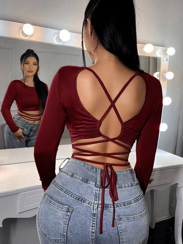 Solid Criss Cross Backless Tee Solid Criss Cross Backless Tee