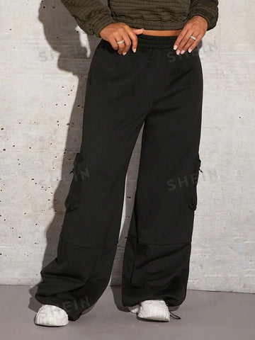 SXY Solid Flap Pocket Side Elastic Waist Sweatpants Winter Women Clothes SXY Solid Flap Pocket Side Elastic Waist Sweatpants Winter Women Clothes