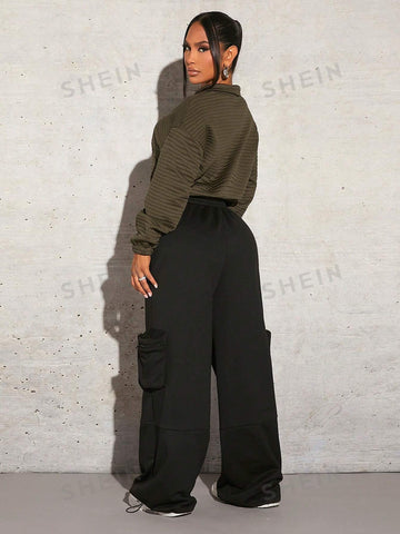 SXY Solid Flap Pocket Side Elastic Waist Sweatpants Winter Women Clothes SXY Solid Flap Pocket Side Elastic Waist Sweatpants Winter Women Clothes