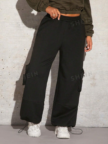 SXY Solid Flap Pocket Side Elastic Waist Sweatpants Winter Women Clothes SXY Solid Flap Pocket Side Elastic Waist Sweatpants Winter Women Clothes