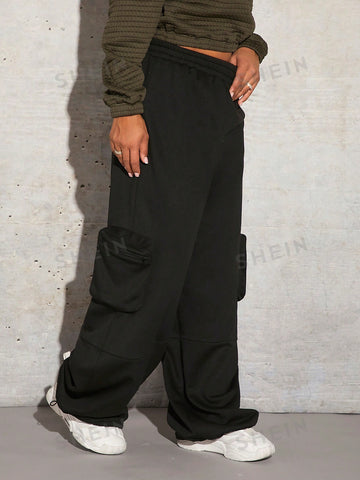 SXY Solid Flap Pocket Side Elastic Waist Sweatpants Winter Women Clothes SXY Solid Flap Pocket Side Elastic Waist Sweatpants Winter Women Clothes