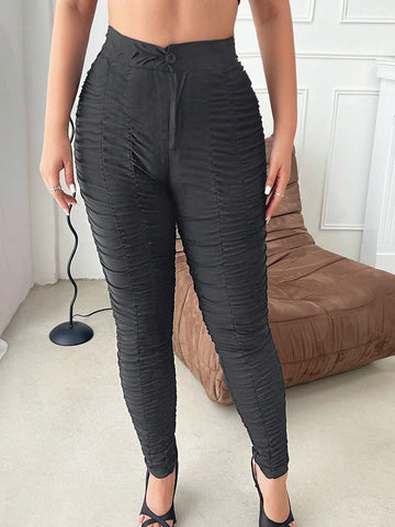 SXY Solid Ruched Drawstring Waist Skinny Pants SXY Solid Ruched Drawstring Waist Skinny Pants
