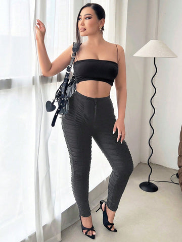 SXY Solid Ruched Drawstring Waist Skinny Pants SXY Solid Ruched Drawstring Waist Skinny Pants