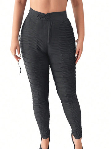 SXY Solid Ruched Drawstring Waist Skinny Pants SXY Solid Ruched Drawstring Waist Skinny Pants