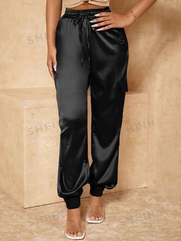 SXY Spring And Summer Satin Drawstring Waist Black Casual Women's Trousers SXY Spring And Summer Satin Drawstring Waist Black Casual Women's Trousers