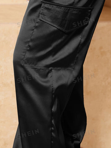 SXY Spring And Summer Satin Drawstring Waist Black Casual Women's Trousers SXY Spring And Summer Satin Drawstring Waist Black Casual Women's Trousers