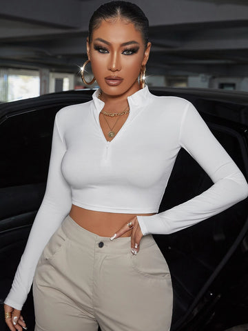 Spring And Summer Turtleneck Half-Zip Short White Long-Sleeved T-Shirt Spring And Summer Turtleneck Half-Zip Short White Long-Sleeved T-Shirt