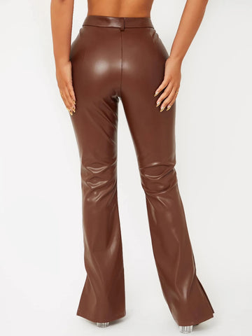 SXY Spring Zipper Fly Front Slit Hem Tight PU Long Leather Pants SXY Spring Zipper Fly Front Slit Hem Tight PU Long Leather Pants