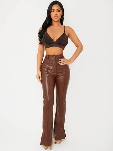 SXY Spring Zipper Fly Front Slit Hem Tight PU Long Leather Pants SXY Spring Zipper Fly Front Slit Hem Tight PU Long Leather Pants