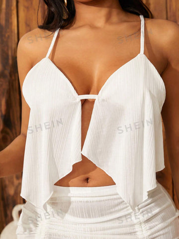 Summer Beachwear Vacation Suit - White Halter Neck Crop Top And Pleated Skirt Set Summer Beachwear Vacation Suit - White Halter Neck Crop Top And Pleated Skirt Set