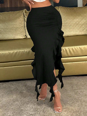 SXY Summer Irregular Ruffle Hem High Slit Design Niche Sexy Bodycon Midi Skirt SXY Summer Irregular Ruffle Hem High Slit Design Niche Sexy Bodycon Midi Skirt