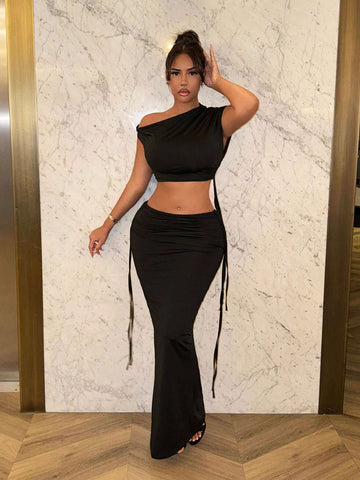 Summer Women Garbage Asymmetrical Drawstring Short Sleeve Short Top And Long Skirt Set Summer Women Garbage Asymmetrical Drawstring Short Sleeve Short Top And Long Skirt Set