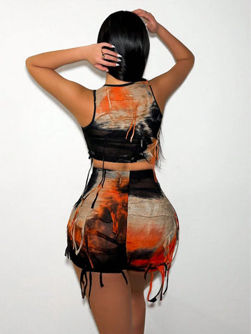 Tie Dye Fringe Design Slim Fit Vest And Skirt Set Tie Dye Fringe Design Slim Fit Vest And Skirt Set