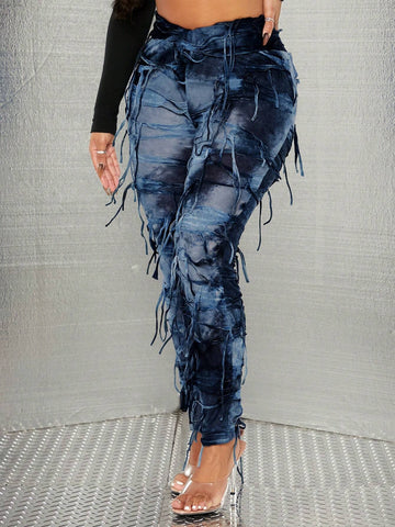 SXY Tie Dye Fringe Trim Leggings SXY Tie Dye Fringe Trim Leggings