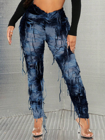 SXY Tie Dye Fringe Trim Leggings SXY Tie Dye Fringe Trim Leggings