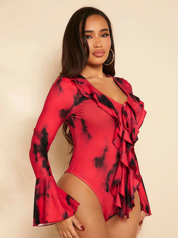 Tie Dye Ruffle Trim Flare Sleeve Bodysuit Tie Dye Ruffle Trim Flare Sleeve Bodysuit