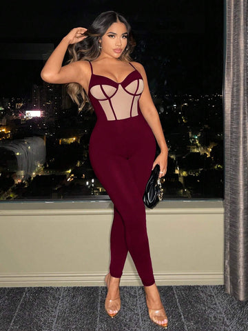Two Tone Contrast Mesh Bustier Cami Unitard Jumpsuit Party Outfit Two Tone Contrast Mesh Bustier Cami Unitard Jumpsuit Party Outfit