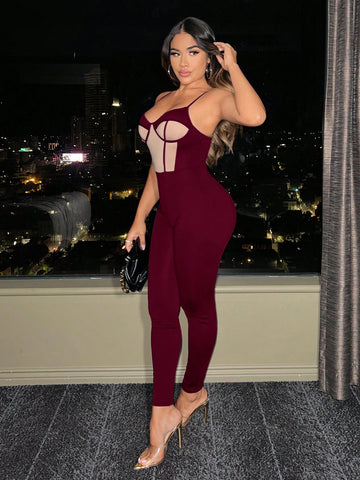Two Tone Contrast Mesh Bustier Cami Unitard Jumpsuit Party Outfit Two Tone Contrast Mesh Bustier Cami Unitard Jumpsuit Party Outfit